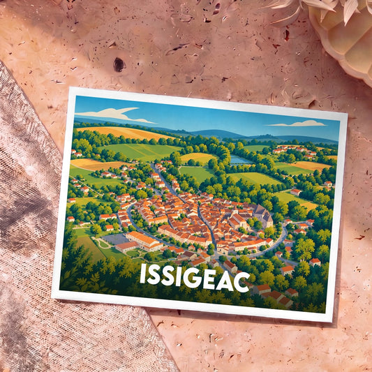 Carte postale souvenir de la ville d'Issigeac avec une illustration aérienne colorée et stylisée du village.