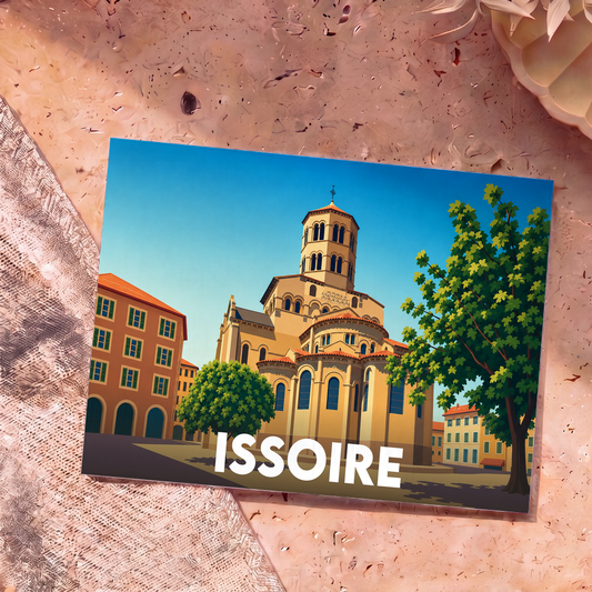Carte postale souvenir de la ville d'Issoire avec une illustration stylisée de son église romane.