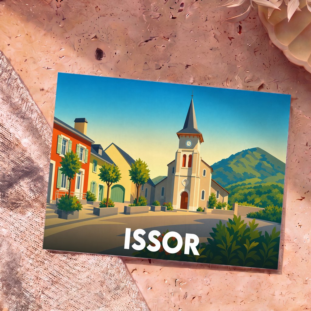 Carte postale souvenir de la ville d'Issor avec une illustration stylisée montrant son église et les montagnes.