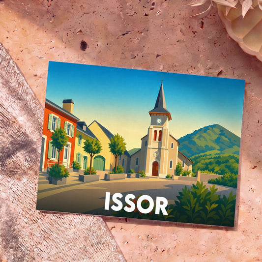 Carte postale souvenir de la ville d'Issor avec une illustration stylisée montrant son église et les montagnes.