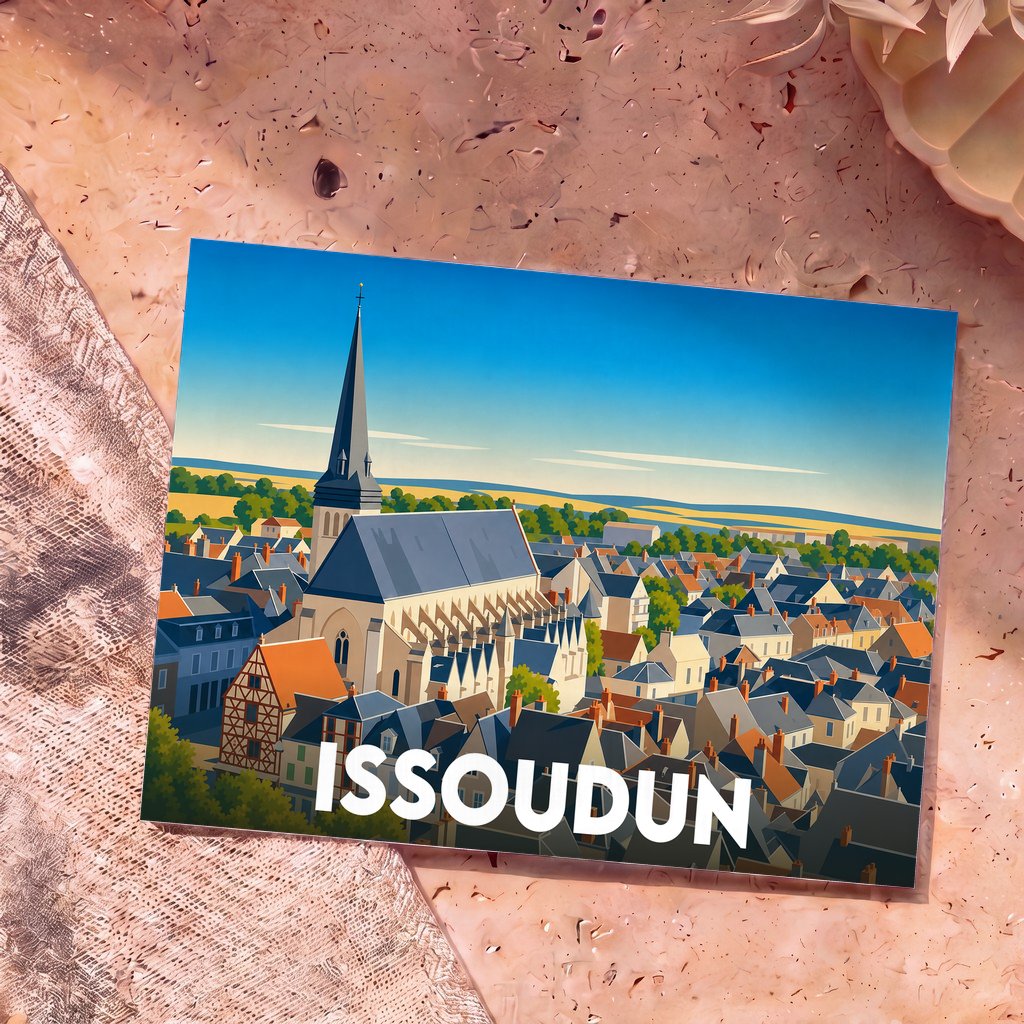Carte postale souvenir de la ville d'Issoudun avec une illustration stylisée de son église et de ses toits.