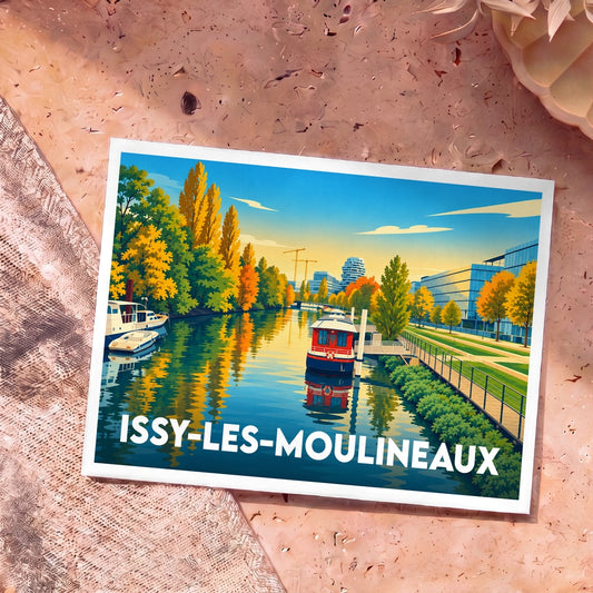 Carte postale souvenir de la ville d'Issy-les-Moulineaux illustrant les bords de Seine avec un style graphique coloré.