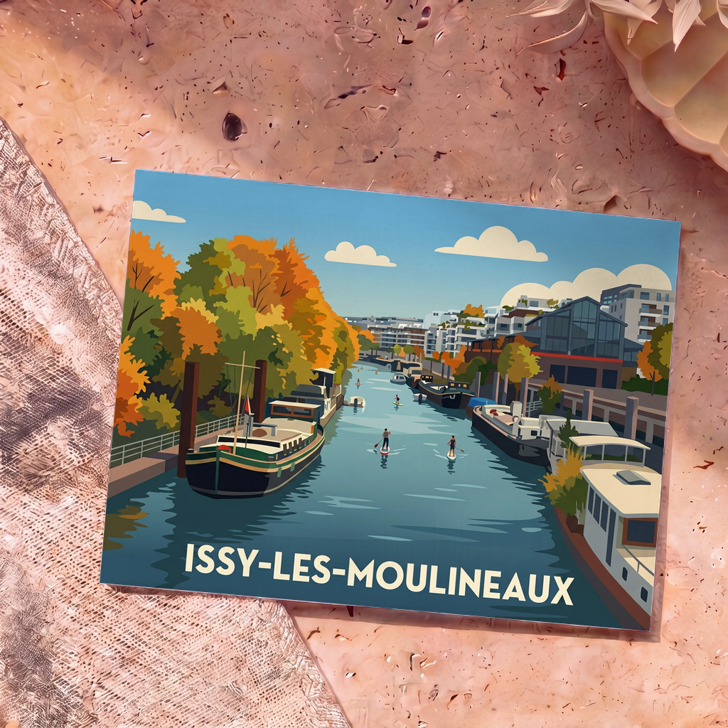 Carte postale souvenir de la ville d'Issy-les-Moulineaux avec une illustration stylisée des bords de Seine.