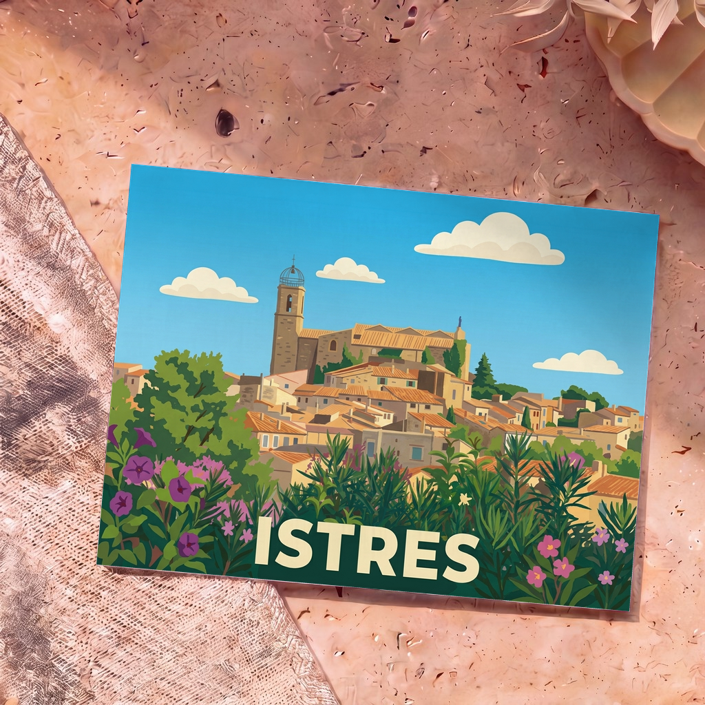 Carte postale souvenir de la ville d'Istres avec une illustration stylisée de son centre historique.