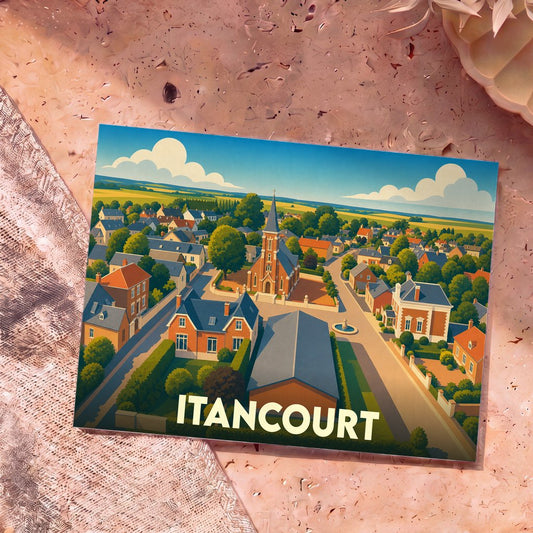 Carte postale souvenir de la ville d'Itancourt présentant une illustration colorée et stylisée du village vu du ciel.