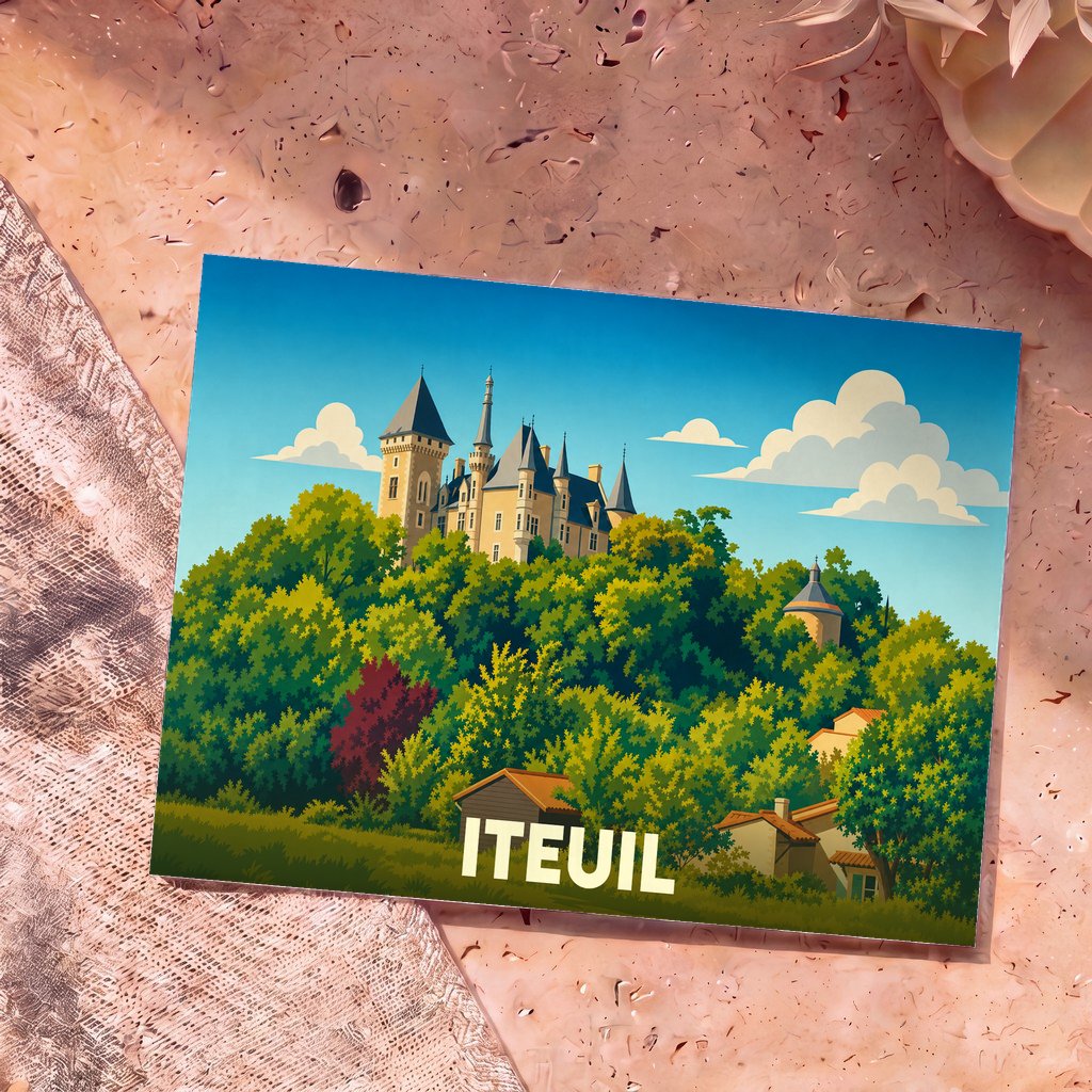 Carte postale souvenir de la ville d'Iteuil illustrant un château surplombant une forêt verdoyante.