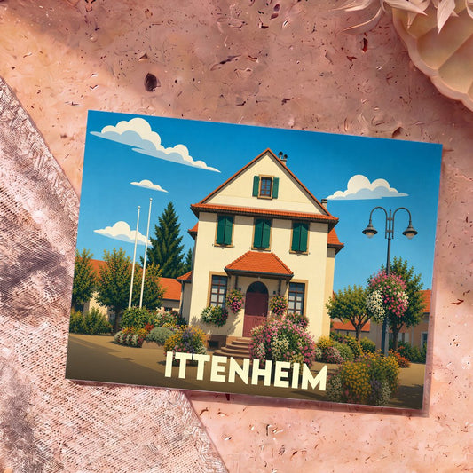 Carte postale souvenir de la ville d'Ittenheim avec une illustration stylisée d'une maison alsacienne fleurie.