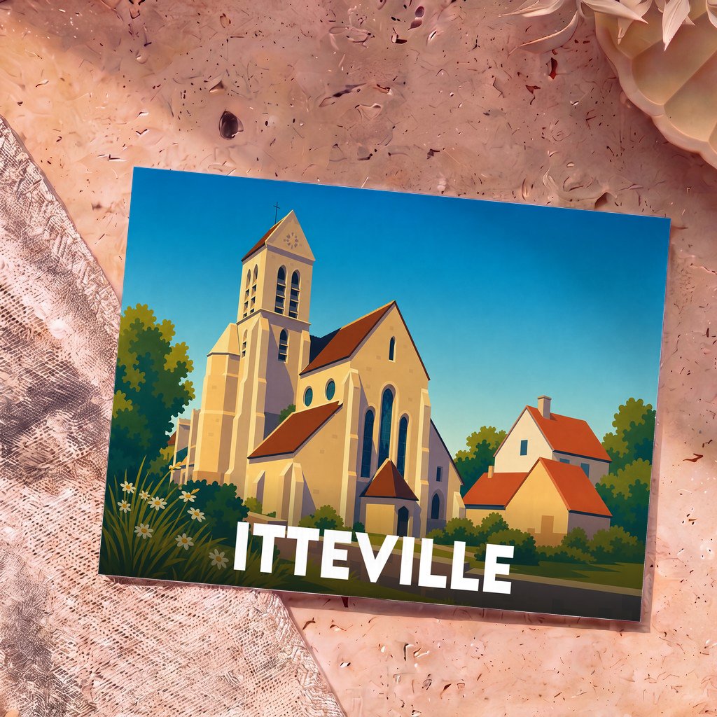 Carte postale souvenir de la ville d'Itteville illustrant son église dans un style graphique épuré.
