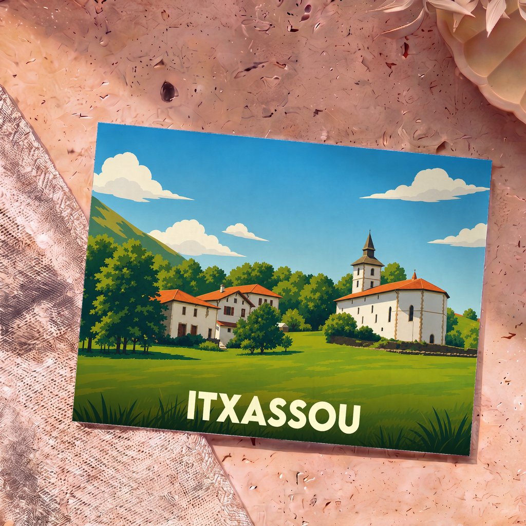 Carte postale souvenir de la ville d'Itxassou avec une illustration stylisée de son église et de ses maisons typiques.
