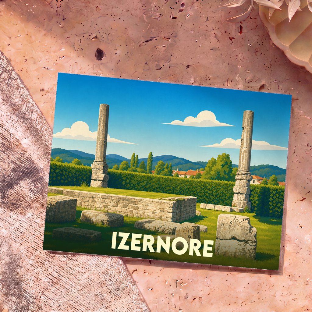 Carte postale souvenir de la ville d'Izernore illustrant ses célèbres vestiges romains dans un style graphique épuré.
