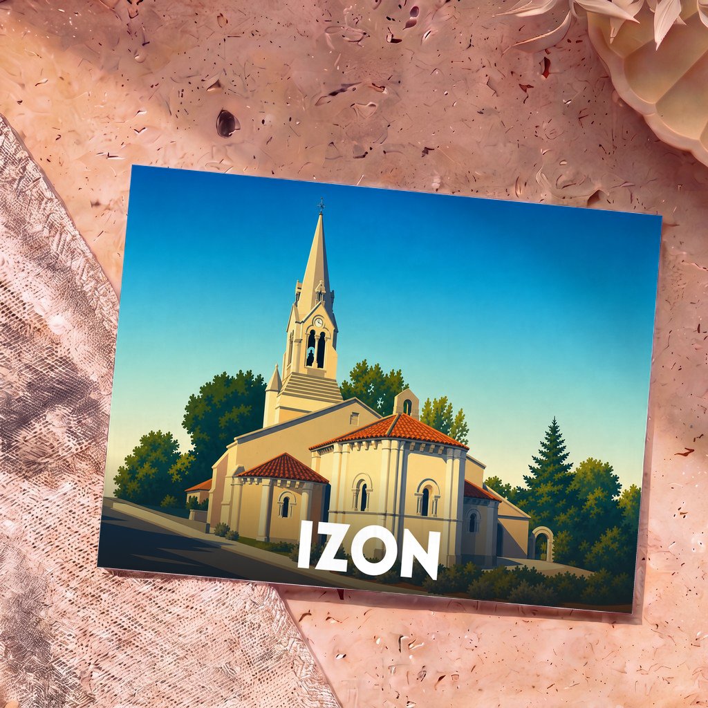Carte postale souvenir de la ville d'Izon illustrant son église dans un style graphique épuré.