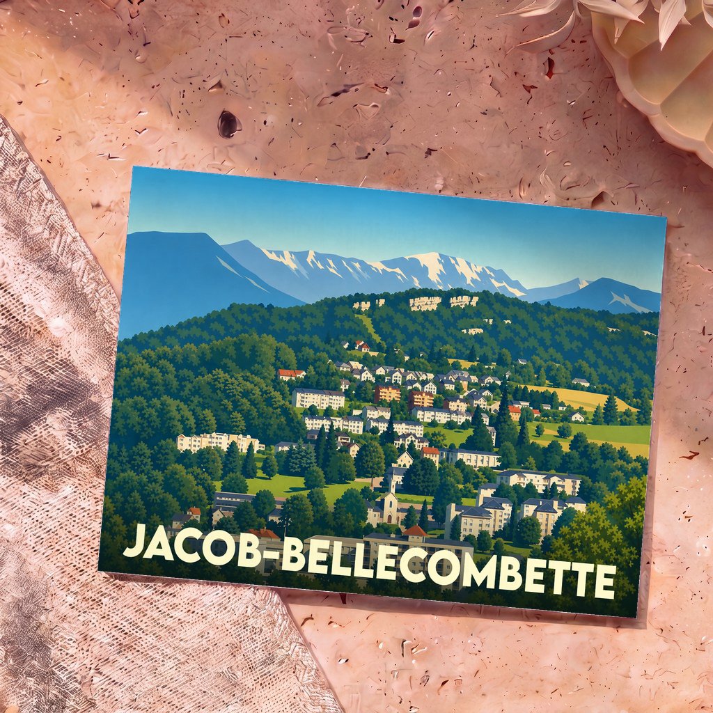 Carte postale souvenir de la ville de Jacob-Bellecombette avec une illustration stylisée de ses paysages montagneux.
