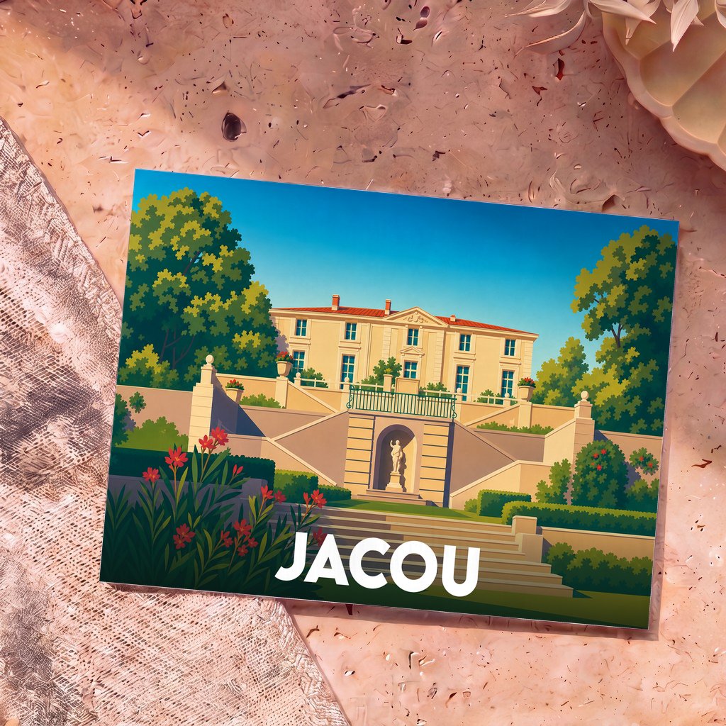 Carte postale souvenir de la ville de Jacou avec une illustration stylisée de son château et de ses jardins.