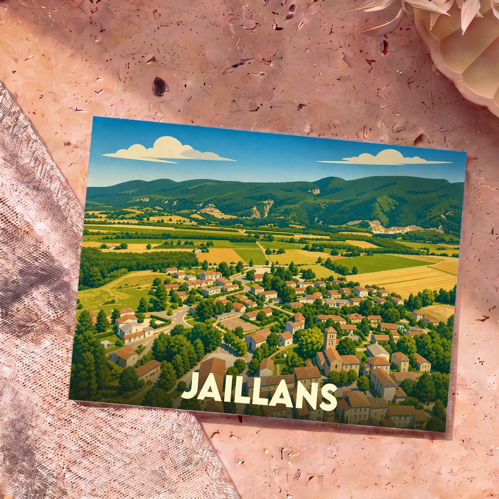 Carte postale souvenir de la ville de Jaillans avec une illustration stylisée d'un village dans un paysage de campagne vallonné.