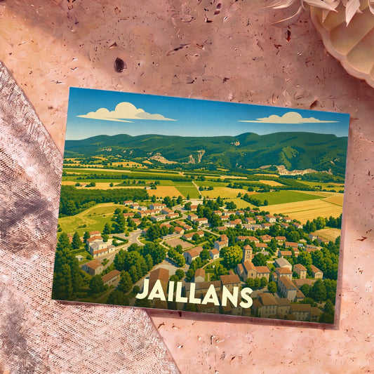 Carte postale souvenir de la ville de Jaillans avec une illustration stylisée d'un village dans un paysage de campagne vallonné.