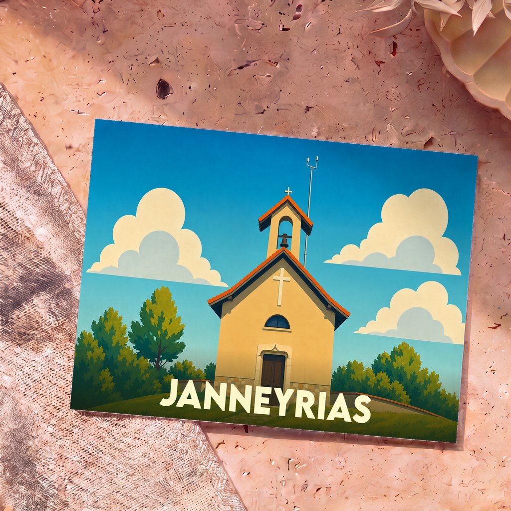 Carte postale souvenir de la ville de Janneyrias avec une illustration stylisée d'une église sous un ciel bleu.