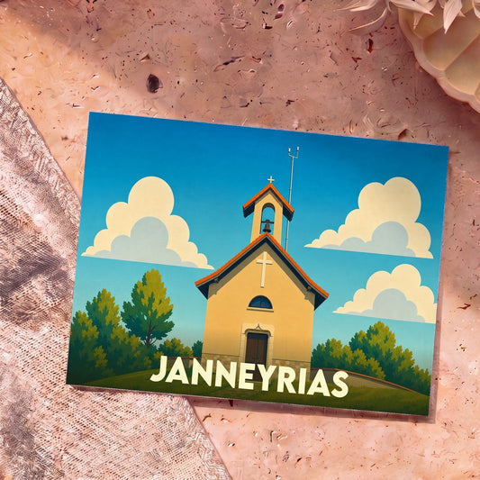Carte postale souvenir de la ville de Janneyrias avec une illustration stylisée d'une église sous un ciel bleu.