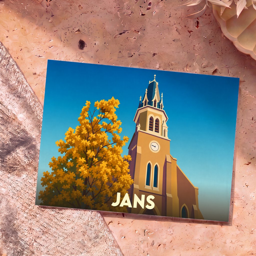 Carte postale souvenir de la ville de Jans avec une illustration stylisée de son église et d'un arbre automnal.