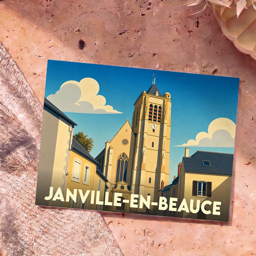 Carte postale souvenir de Janville-en-Beauce arborant une illustration stylisée de son église sous un ciel azur.