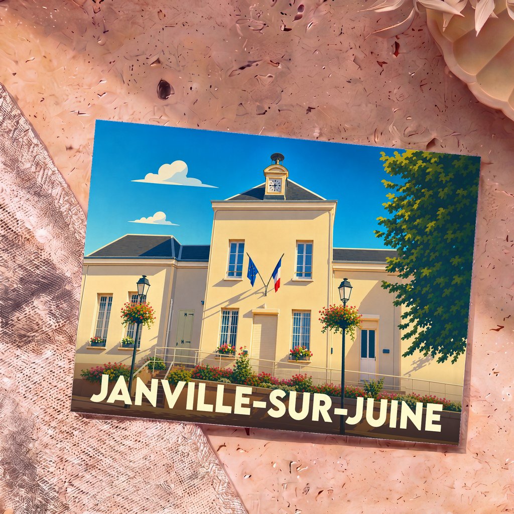 Carte postale souvenir de Janville-sur-Juine illustrant la mairie de la ville dans un style graphique et coloré.