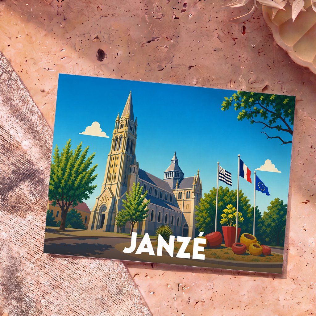 Carte postale souvenir de la ville de Janzé avec une illustration stylisée de son église et des drapeaux.