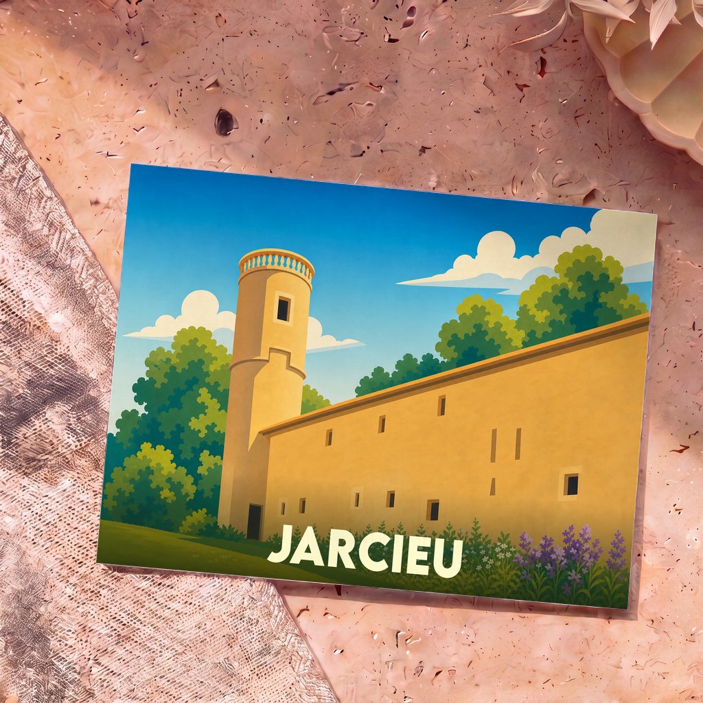 Carte postale souvenir de la ville de Jarcieu illustrant son château dans un style épuré et coloré.
