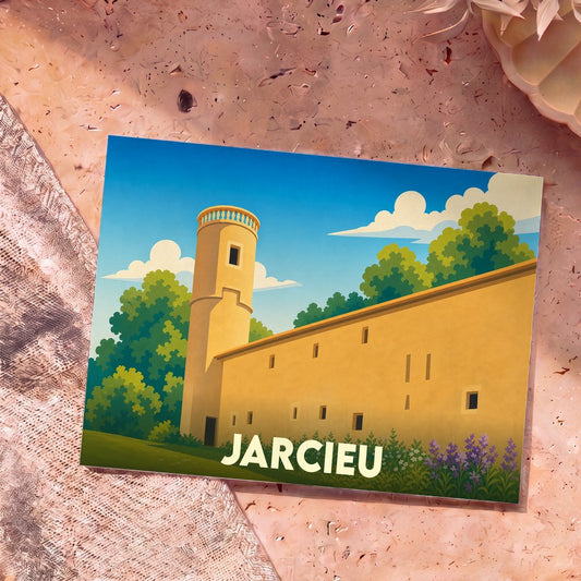 Carte postale souvenir de la ville de Jarcieu illustrant son château dans un style épuré et coloré.