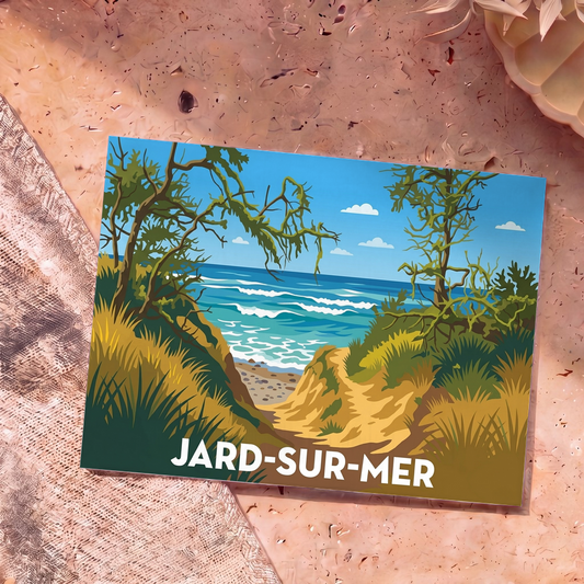 Carte postale souvenir de Jard-sur-Mer illustrant un sentier dunaire bordé de pins face à l'océan.