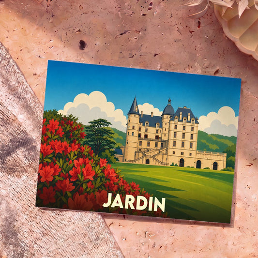 Carte postale souvenir de la ville de Jardin illustrant un château majestueux bordé de fleurs rouges.