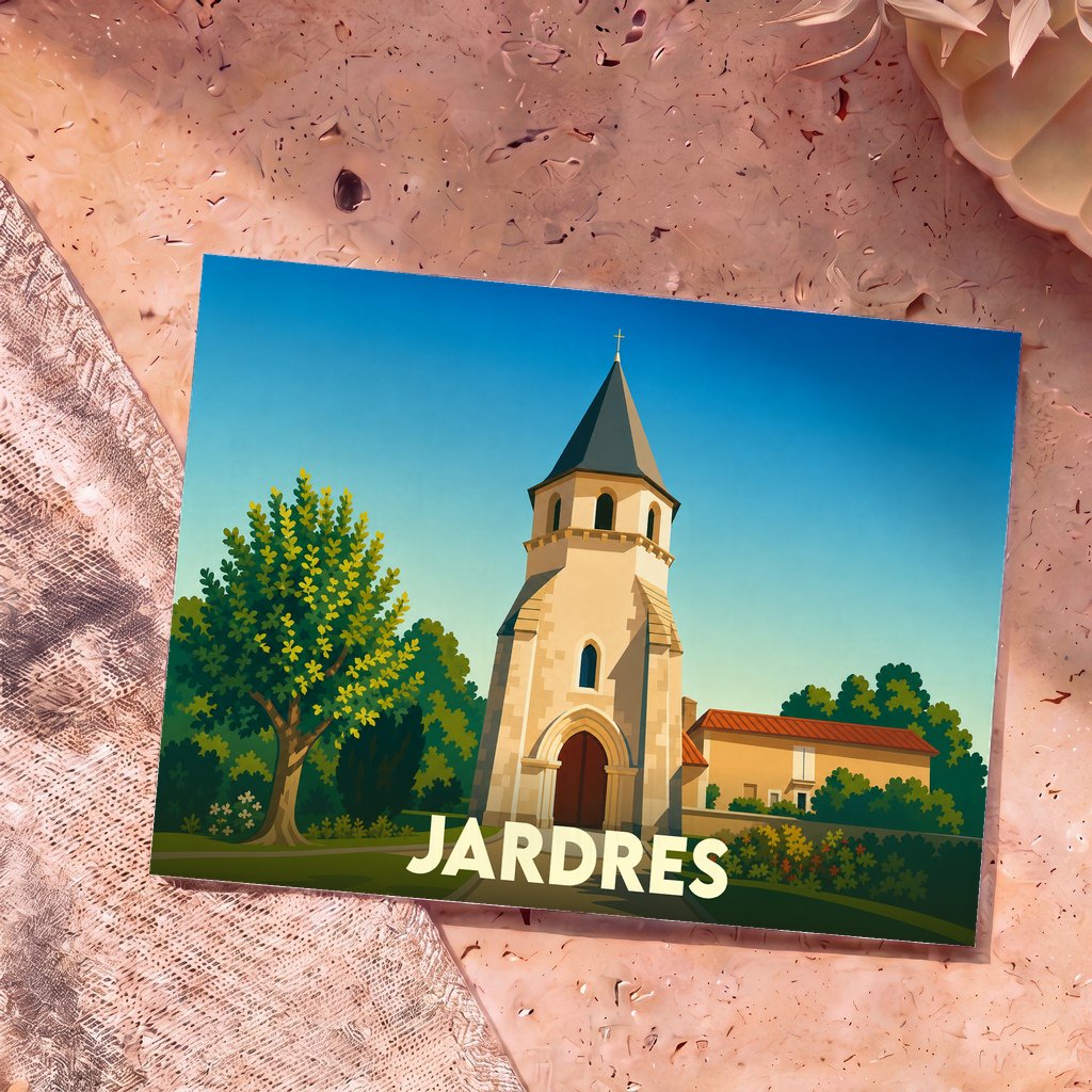 Carte postale souvenir de la ville de Jardres avec une illustration stylisée de son église.