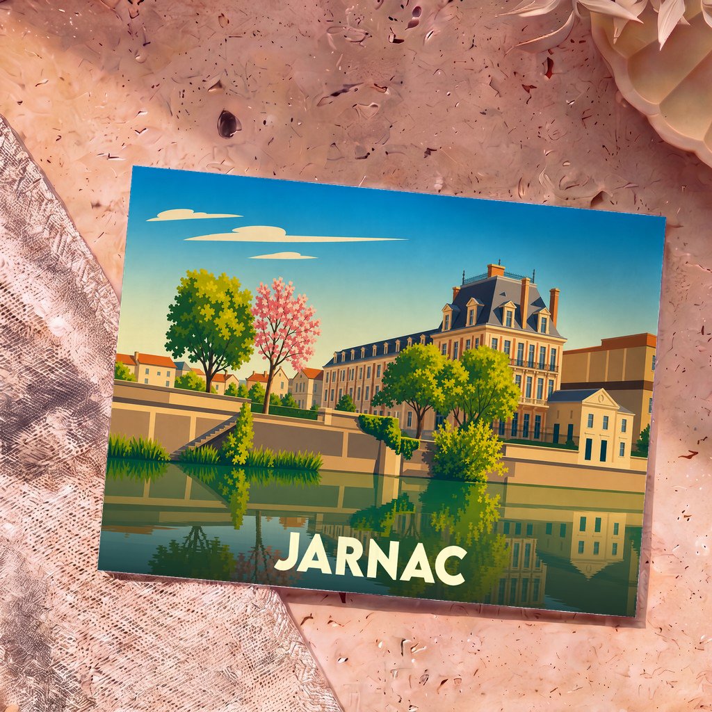Carte postale souvenir de la ville de Jarnac avec une illustration stylisée d'un château en bord de rivière.
