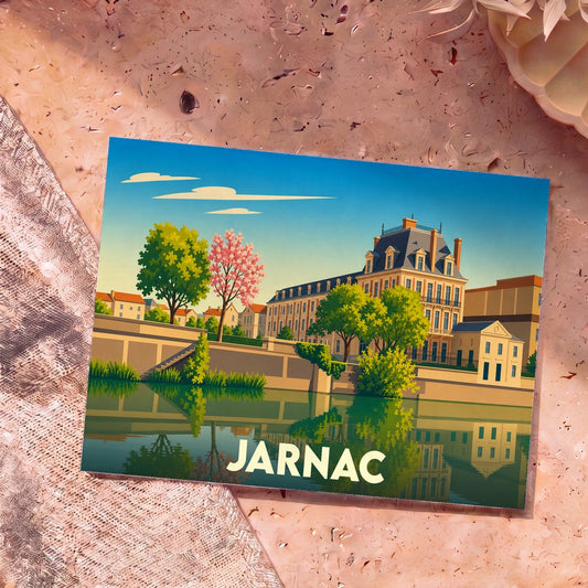 Carte postale souvenir de la ville de Jarnac avec une illustration stylisée d'un château en bord de rivière.