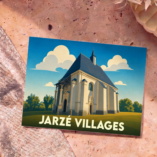 Carte postale souvenir de Jarzé Villages avec une illustration stylisée d'une église sous un ciel bleu.