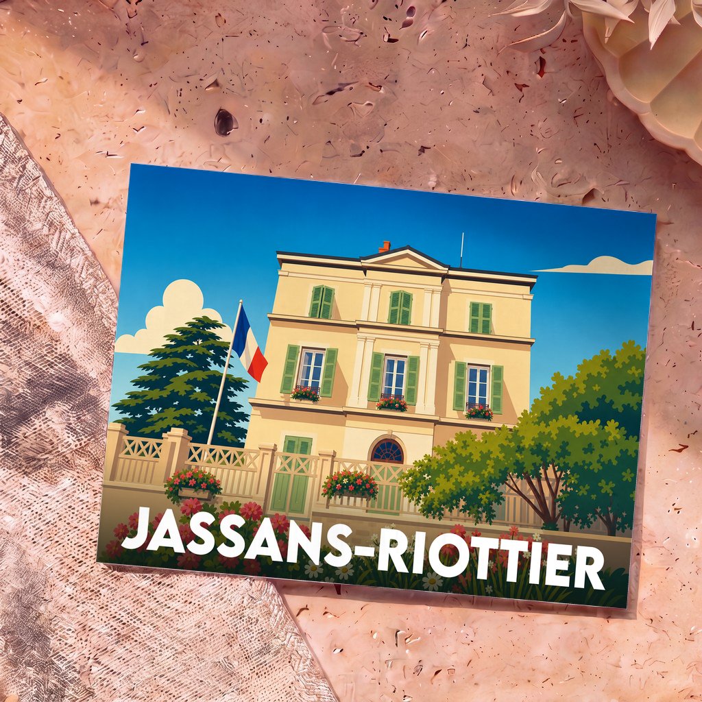 Carte postale souvenir de la ville de Jassans-Riottier arborant une illustration stylisée d'une demeure française avec drapeau tricolore.