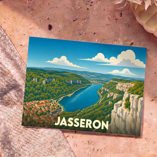 Carte postale souvenir de la ville de Jasseron avec une illustration stylisée d'un paysage de gorges et d'un village côtier.