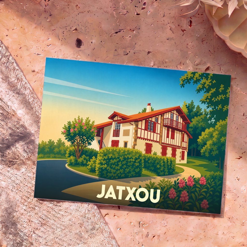 Carte postale souvenir de la ville de Jatxou illustrée d'une maison basque traditionnelle.