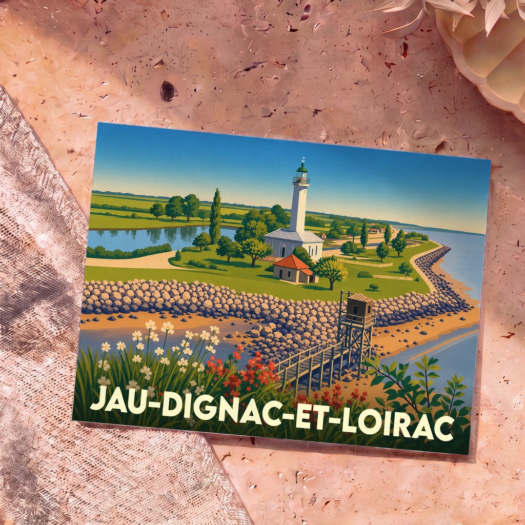 Carte postale souvenir de la ville de Jau-Dignac-et-Loirac avec une illustration stylisée de son phare et de son estuaire.