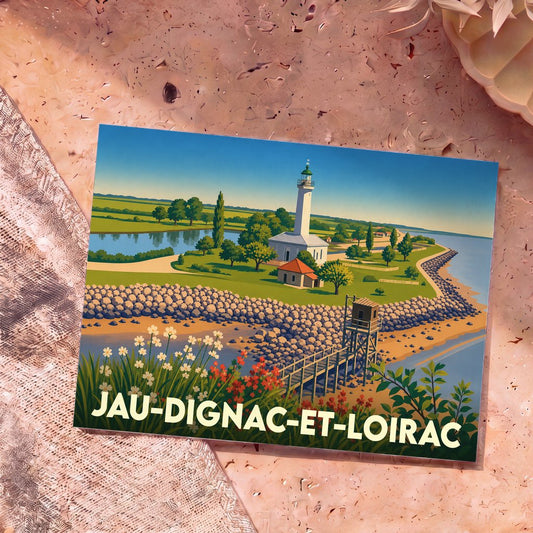 Carte postale souvenir de la ville de Jau-Dignac-et-Loirac avec une illustration stylisée de son phare et de son estuaire.