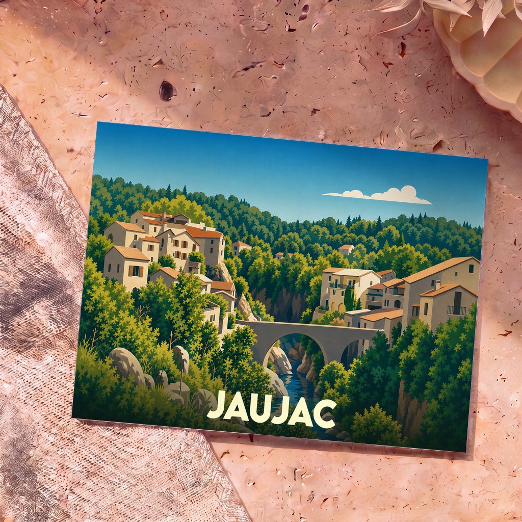 Carte postale souvenir de la ville de Jaujac avec une illustration stylisée de son pont et de ses maisons nichées dans la verdure.