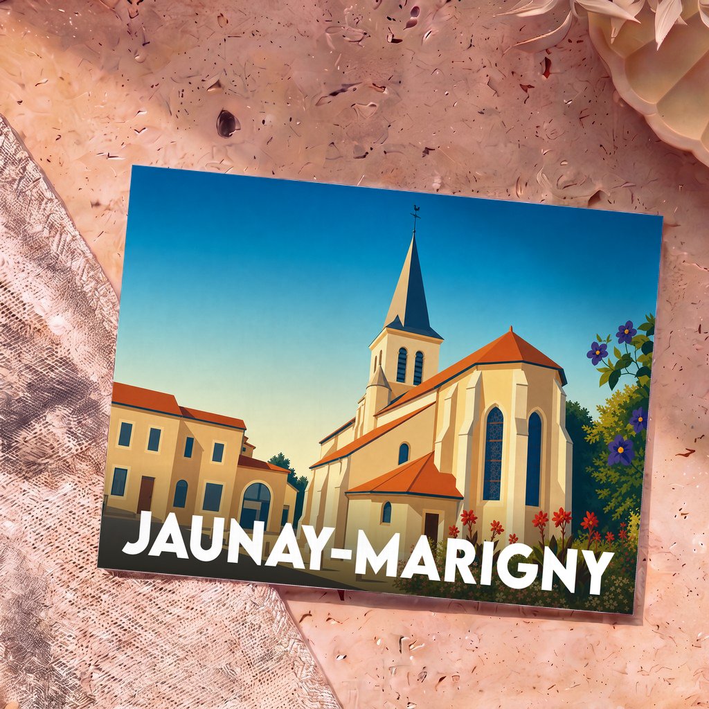 Carte postale souvenir de la ville de Jaunay-Marigny avec une illustration stylisée de son église.