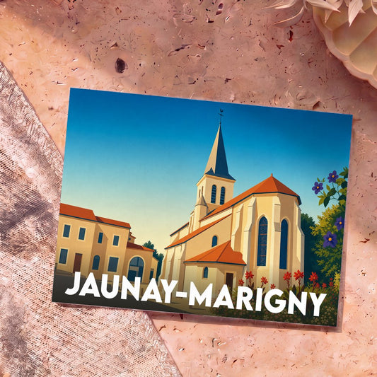 Carte postale souvenir de la ville de Jaunay-Marigny avec une illustration stylisée de son église.