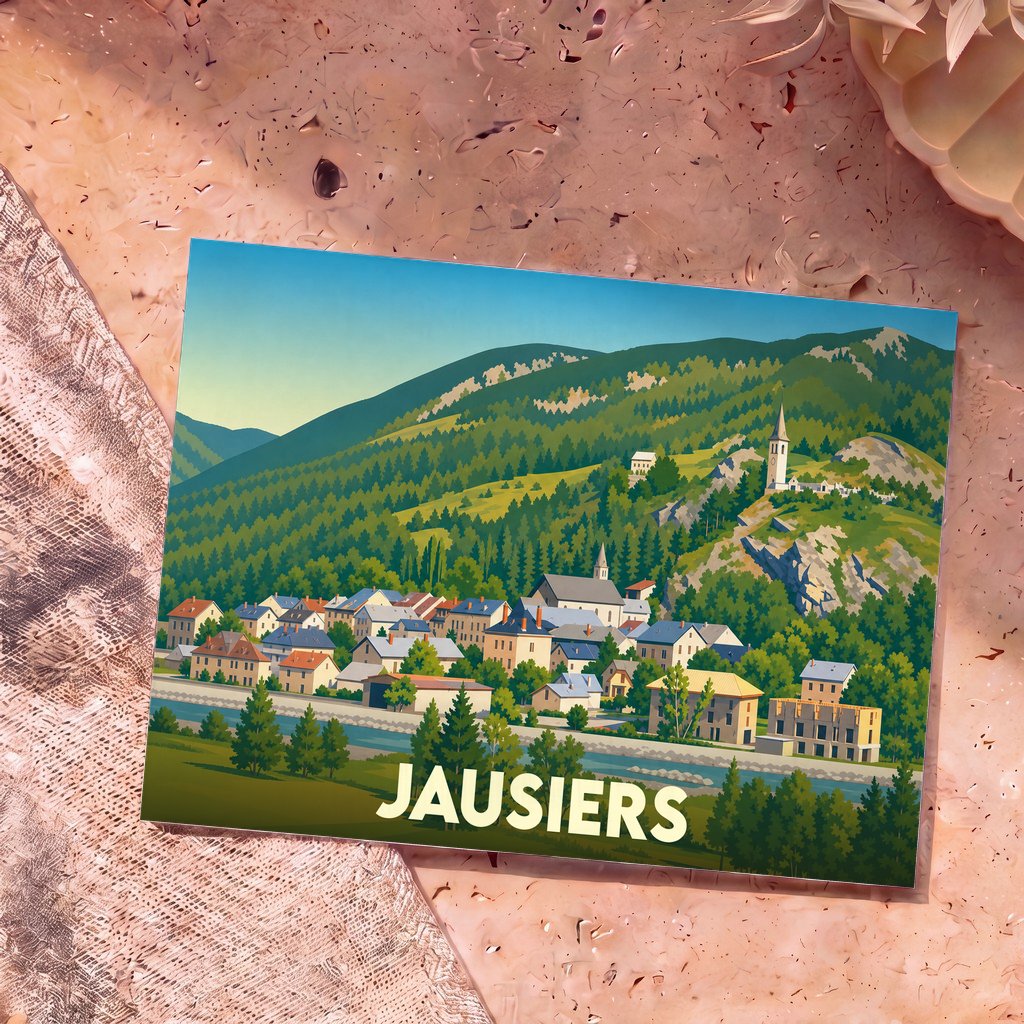 Carte postale souvenir de la ville de Jausiers avec une illustration stylisée de ses maisons colorées au pied des montagnes.