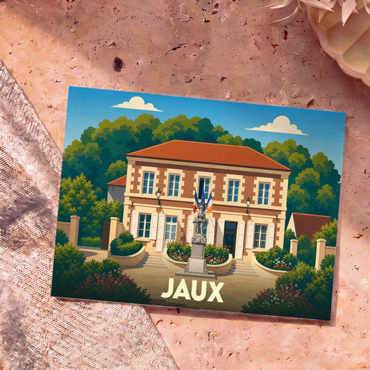 Carte postale souvenir de la ville de Jaux avec une illustration stylisée de sa mairie et de son monument aux morts.