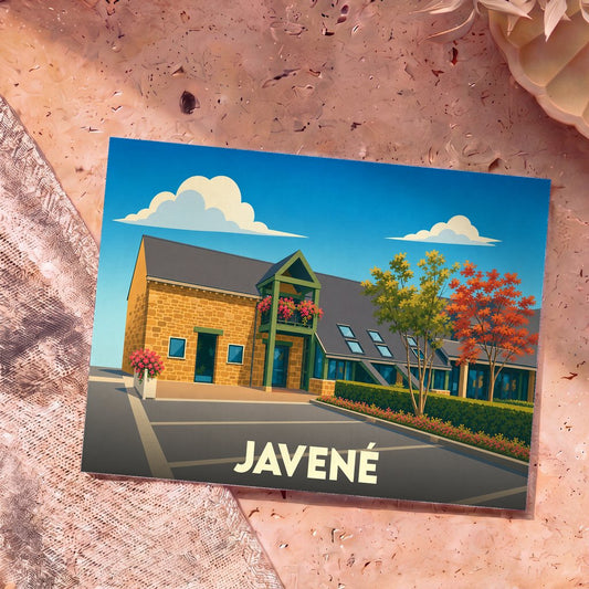 Carte postale souvenir de la ville de Javené avec une illustration stylisée.