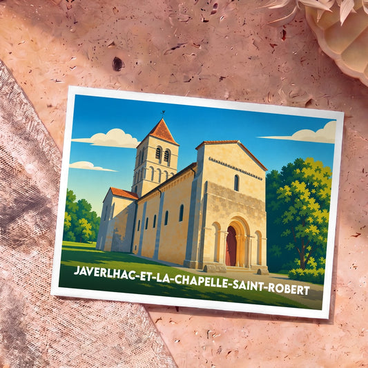 Carte postale souvenir de la ville de Javerlhac-et-la-Chapelle-Saint-Robert illustrant son église dans un style graphique épuré.