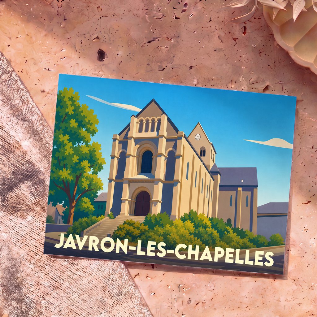 Carte postale souvenir de Javron-les-Chapelles avec une illustration stylisée de son église sous un ciel bleu.