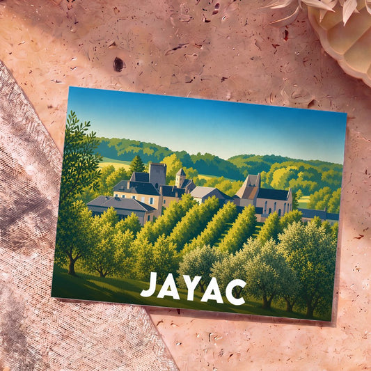 Carte postale souvenir de la ville de Jayac avec une illustration stylisée de son paysage vallonné et de ses bâtiments en pierre.