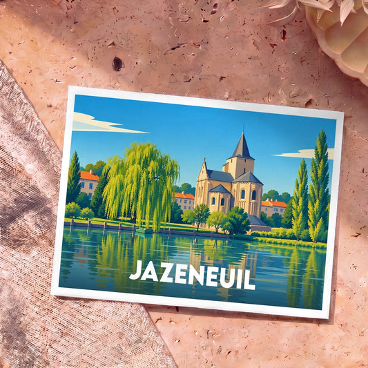 Carte postale souvenir de la ville de Jazeneuil avec une illustration stylisée de son église au bord de l'eau.
