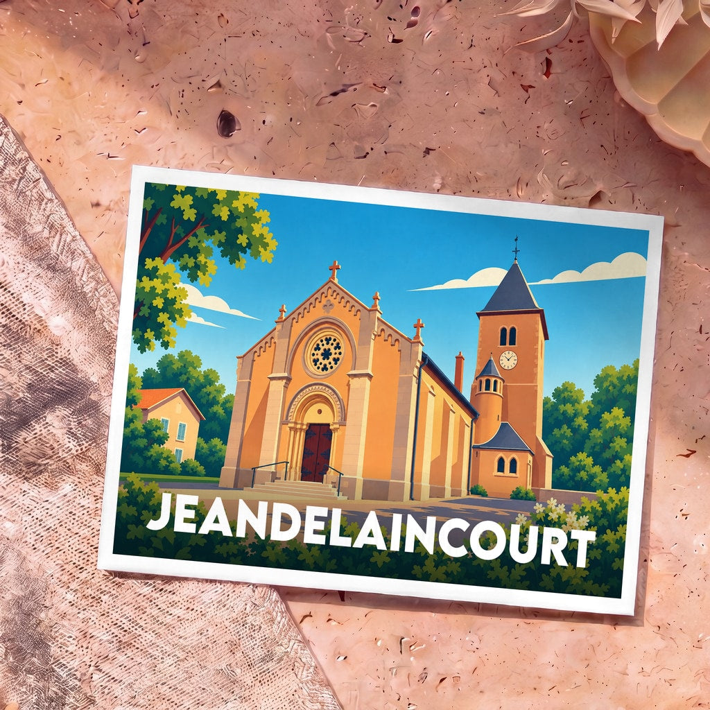 Carte postale souvenir de la ville de Jeandelaincourt avec une illustration stylisée de son église.