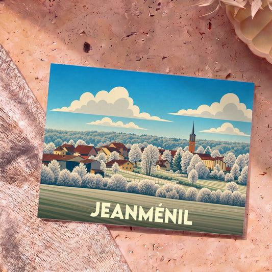 Carte postale souvenir de la ville de Jeanménil avec une illustration stylisée d'un paysage hivernal.
